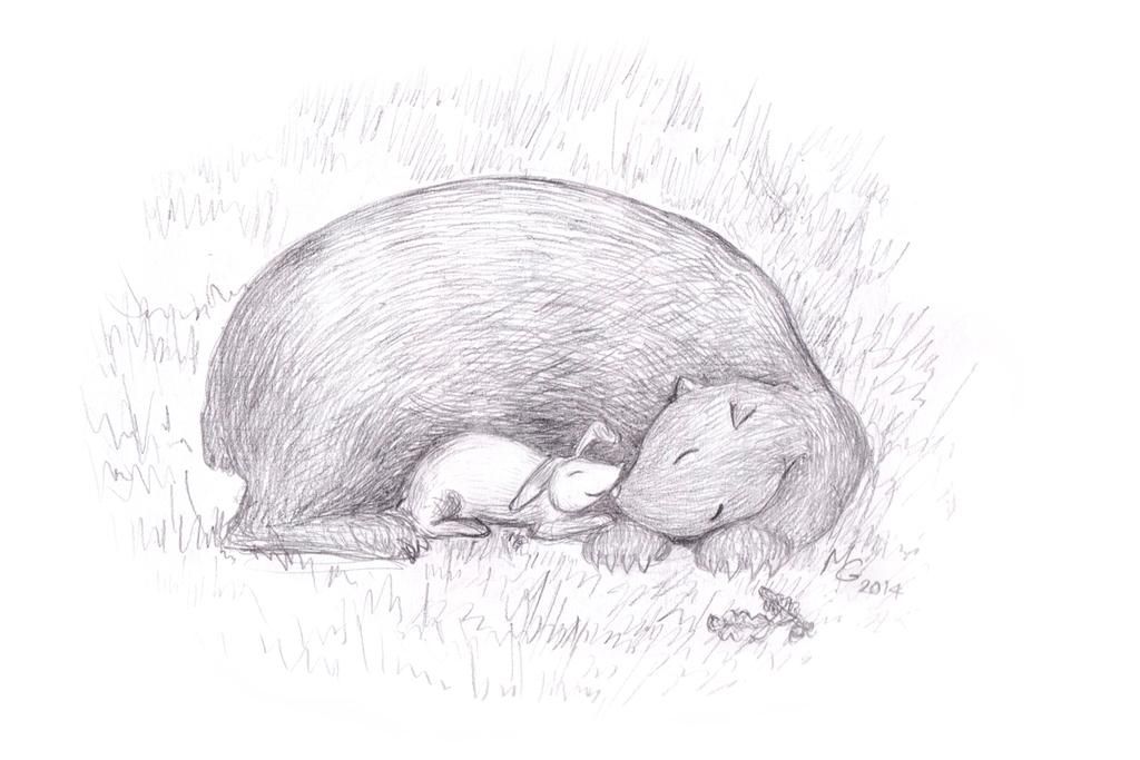 A soft fuzzy pencil sketch of a bunny cuddling into the side of a protective, safe bear figure.