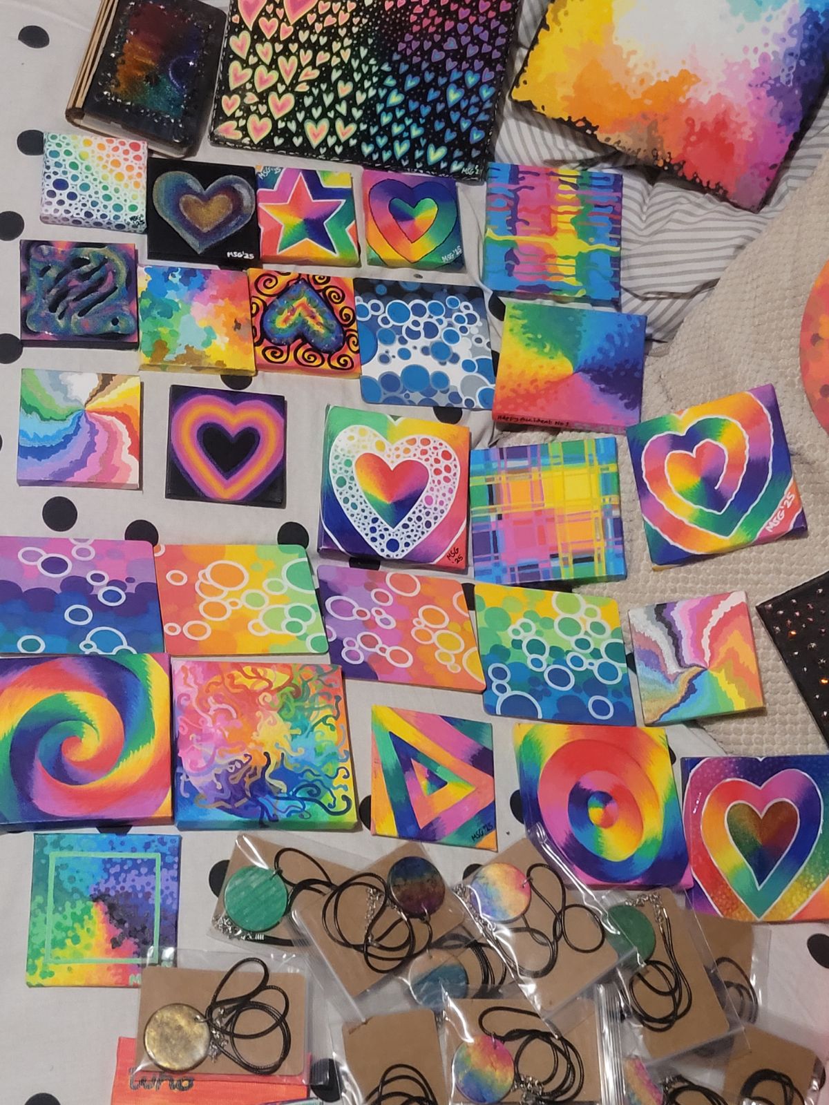 Many small rainbow pieces of artwork.