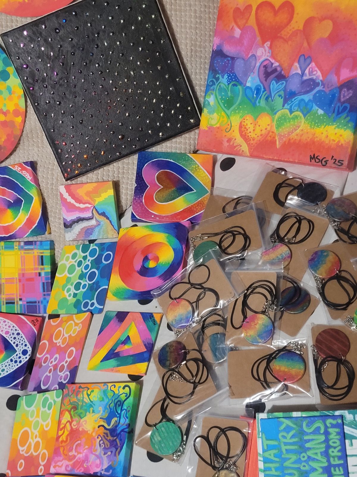 Many small rainbow pieces of artwork.